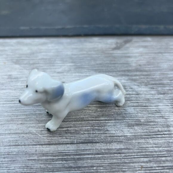 Porcelain Mini Puppy Dog Dachshund Figurine Vintage White W Blue - Picture 6 of 8